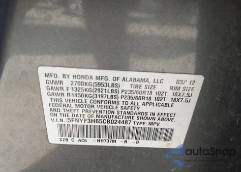 2012 Honda Pilot Ex-L z USA, uszkodzony, nr VIN 5FNYF3H65CB024487